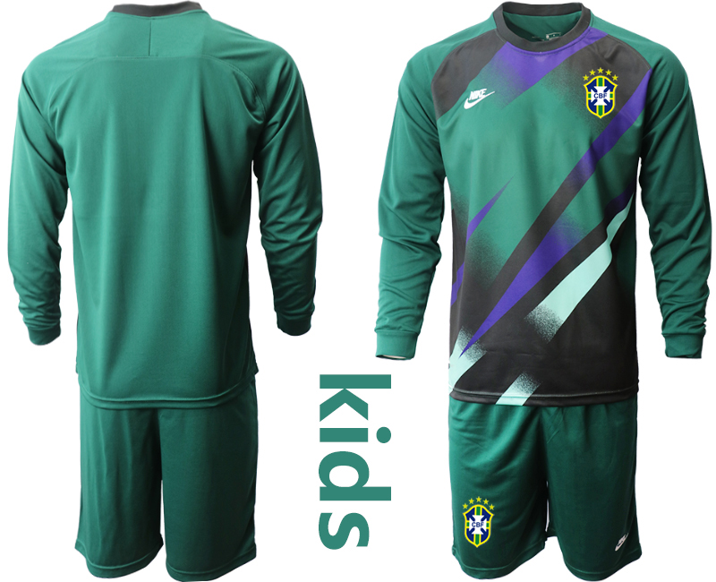 Youth 2020-2021 Season National team Brazil goalkeeper Long sleeve green Soccer Jersey